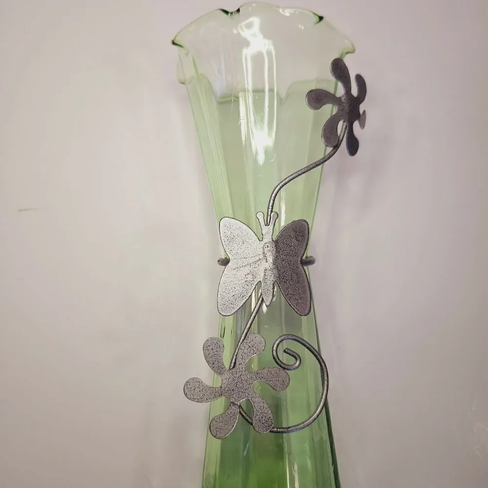 Vintage Green Stretch Glass Ruffled Rim Metal Floral Embellished Bud Vase